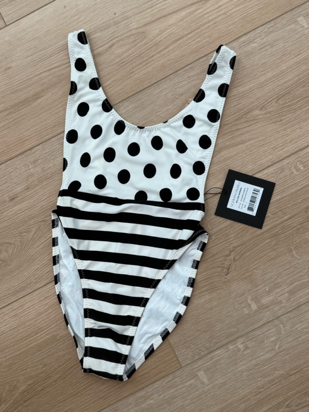 NET Norma Kamali Spliced Marissa Black/White Polka Dot/Stripe One-Piece Swimsuit